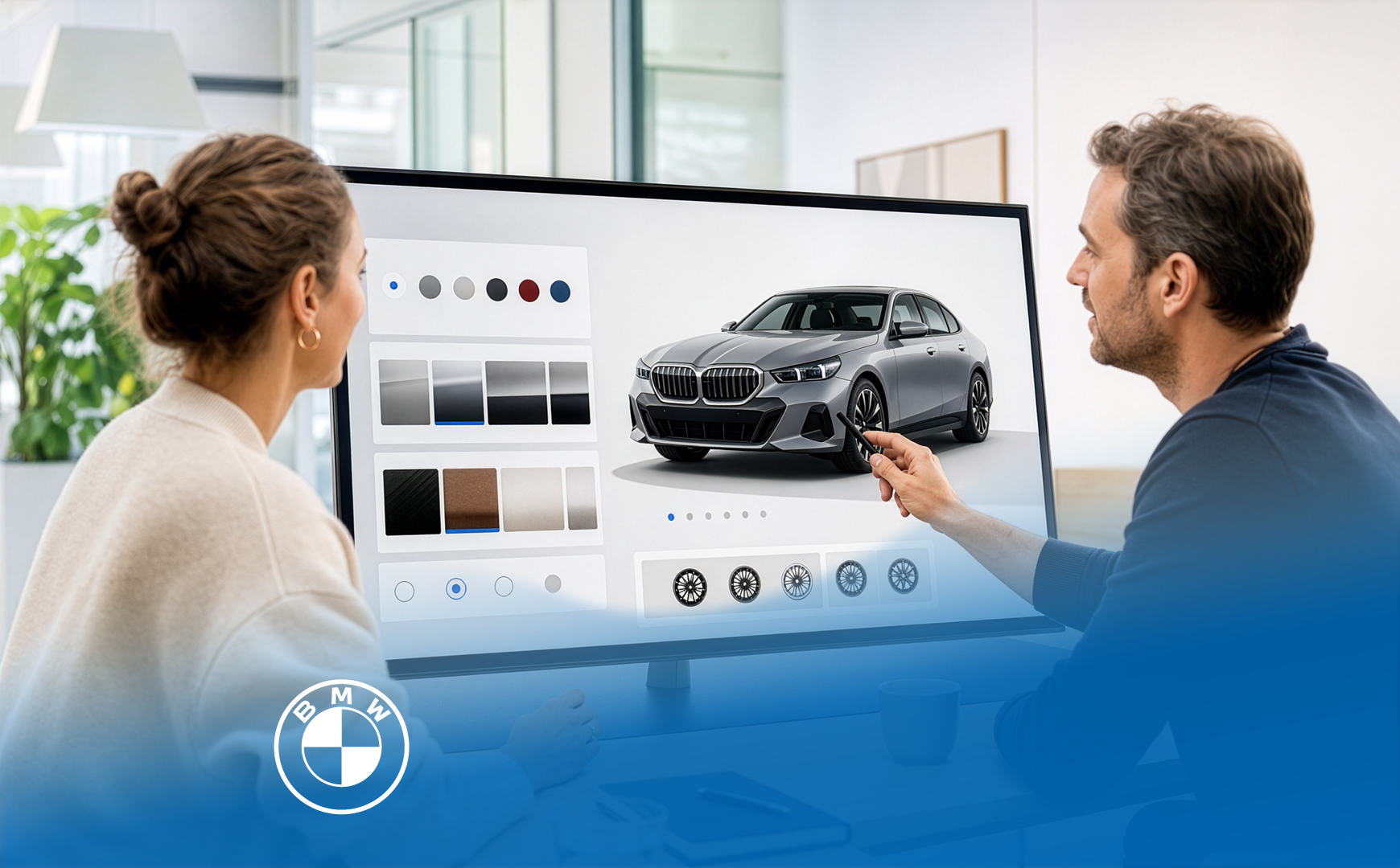 Zwei Personen konfigurieren ein BMW Fahrzeug an einem digitalen Bildschirm.