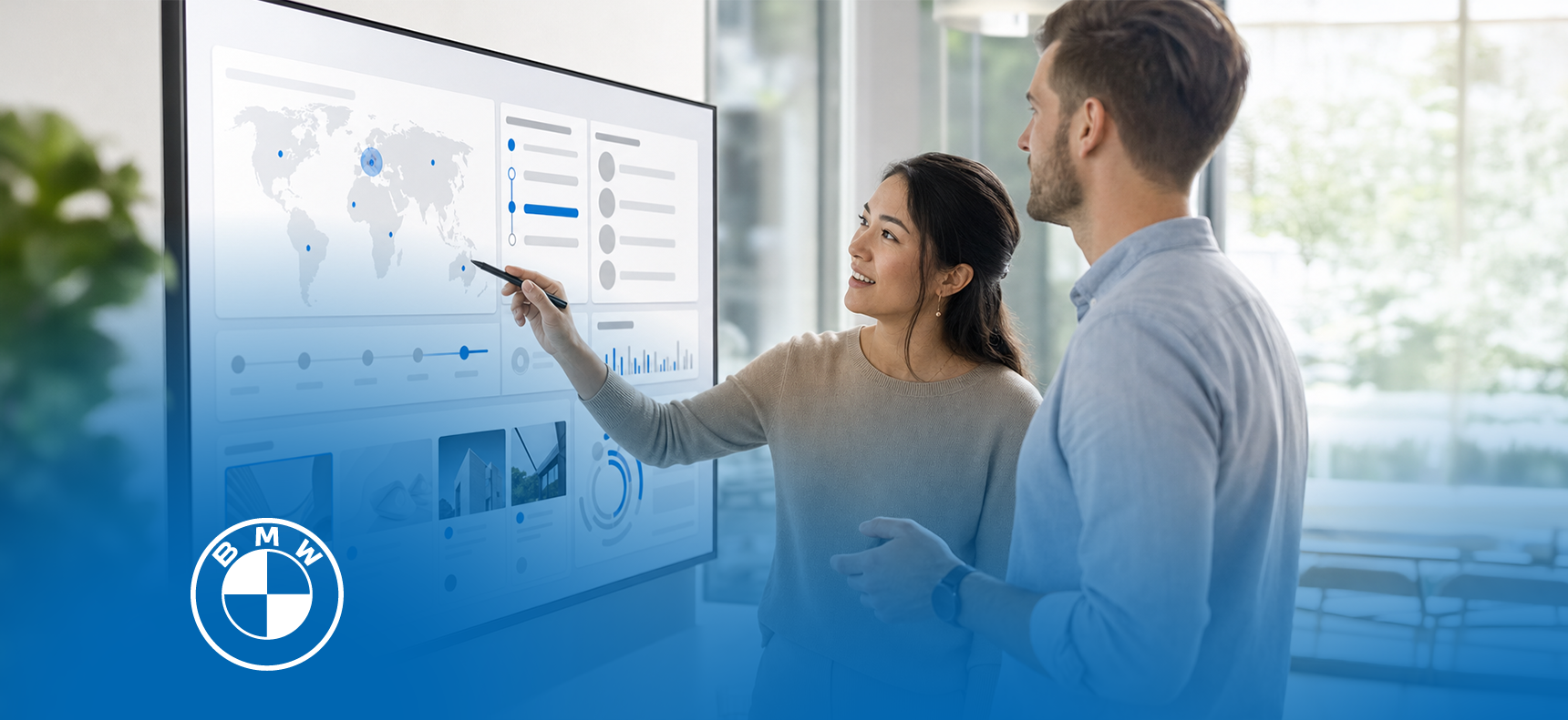 Two people analyzing a digital BMW sales and marketing dashboard. – AI-generated image