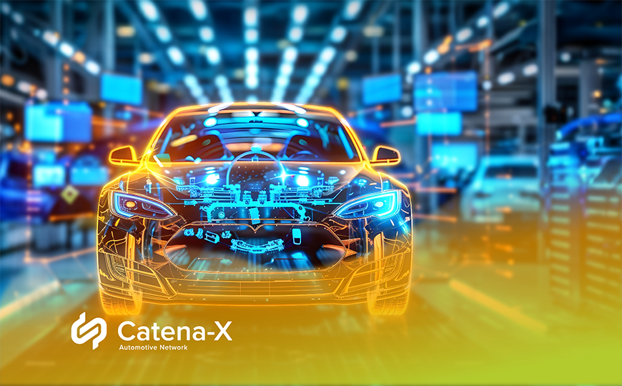 Car with digitally visualized components in a modern production environment. “Catena-X” logo bottom left.