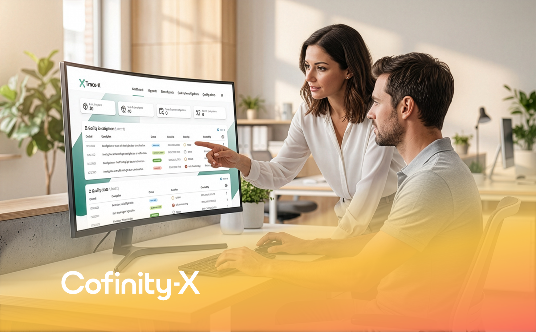 Two people analyzing data on a screen in an office. “Cofinity-X” logo bottom left.