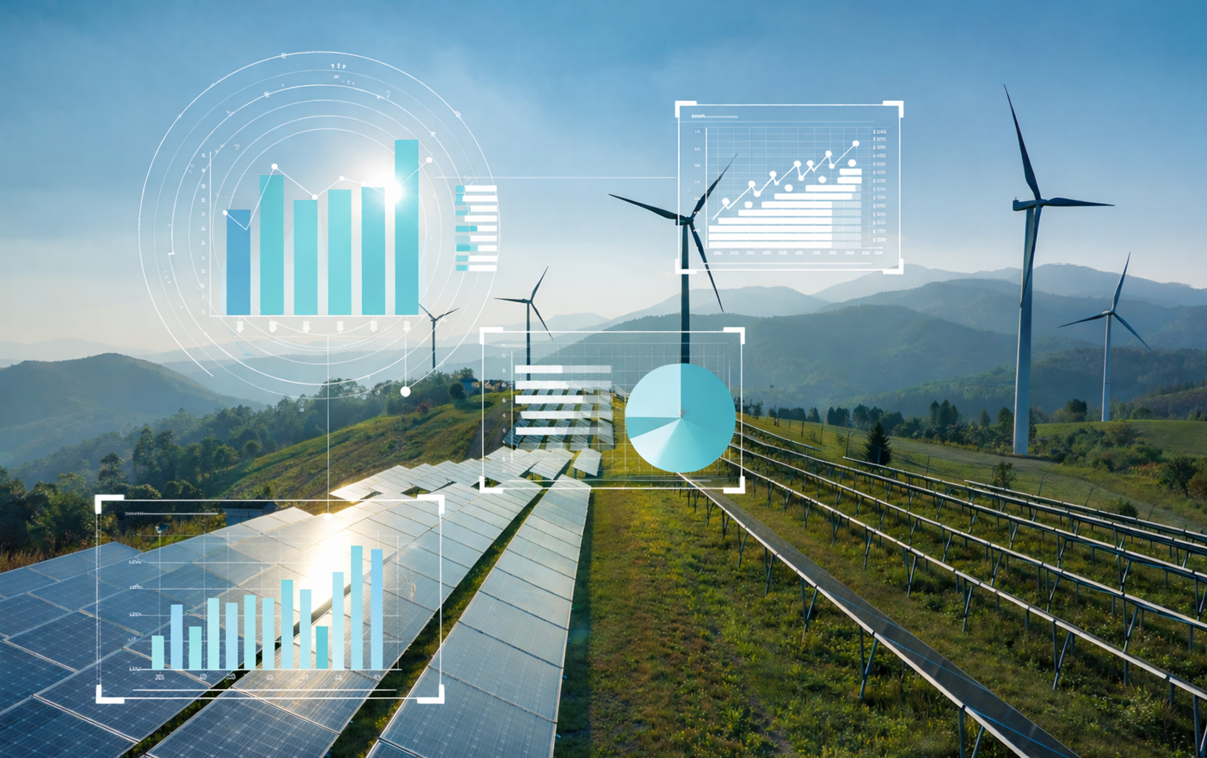Windräder und Solarpaneele in einer Hügellandschaft; darüber sind transparente Daten-Overlays mit Diagrammen