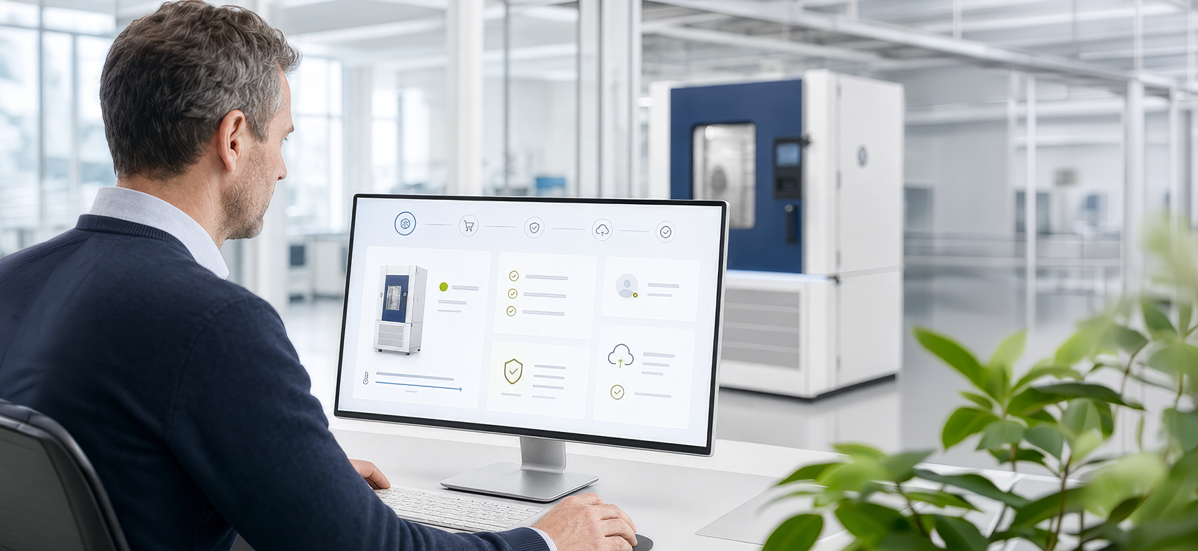 A man sits in front of a monitor displaying a key visual for the mechanical and plant engineering industry; in the background is a white industrial system in a bright manufacturing environment. – AI-generated image