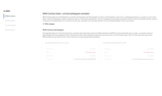 Bildausschnitt von BMW CarData Daten- und Servicefreigaben verwalten