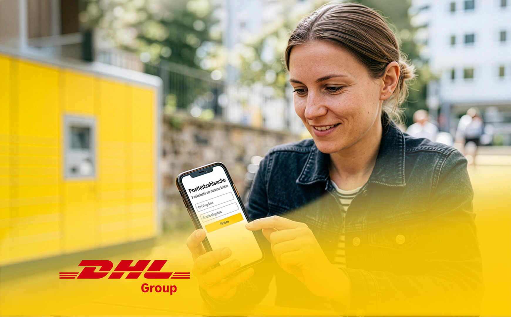 A woman uses her smartphone to search for a ZIP code in front of a yellow DHL Packstation. The DHL logo is at the bottom.