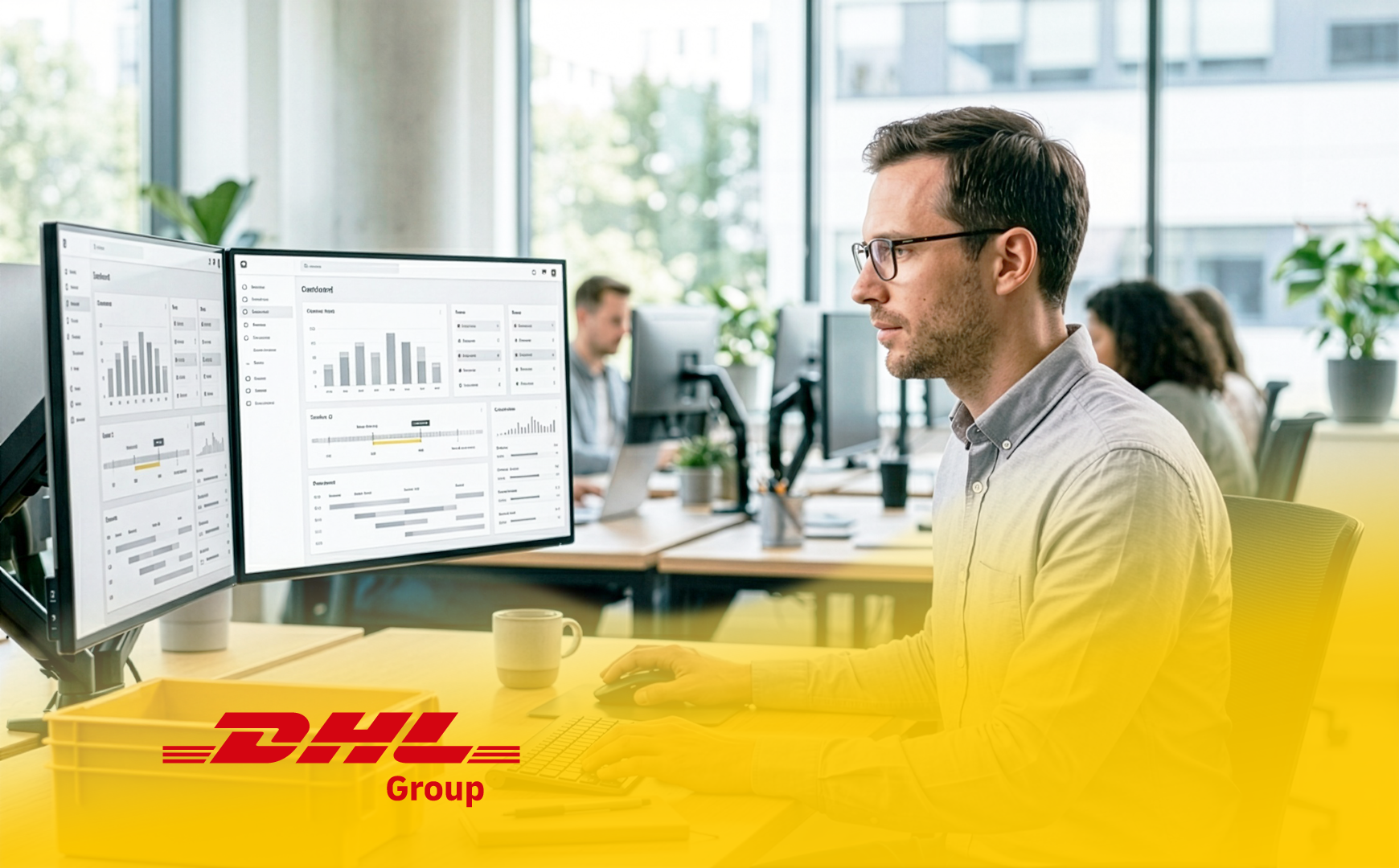 Person analysiert Dashboard auf mehreren Bildschirmen im Büro. DHL-Logo unten.