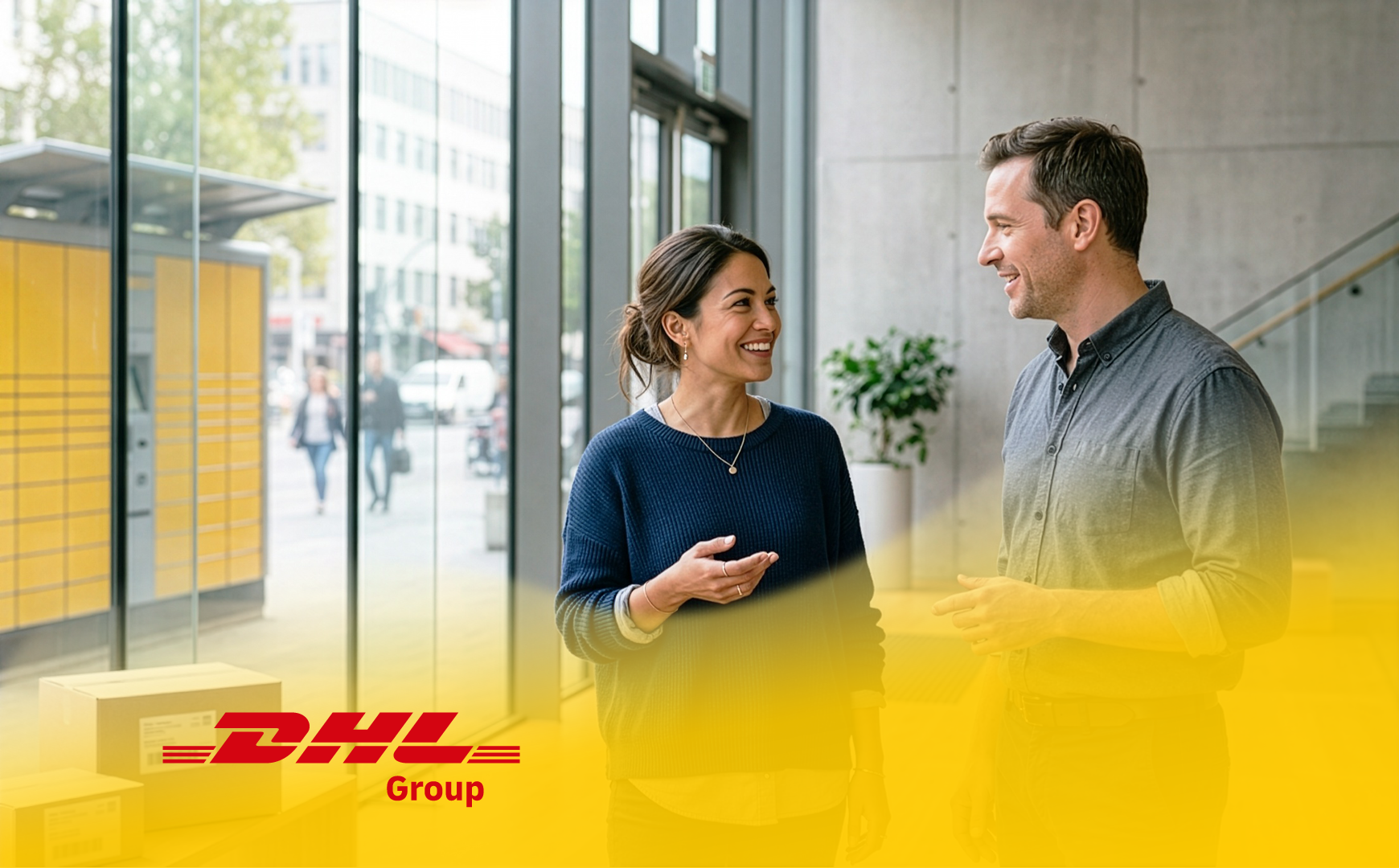 Two people talking in front of a DHL parcel station in a modern building. DHL logo at the bottom.
