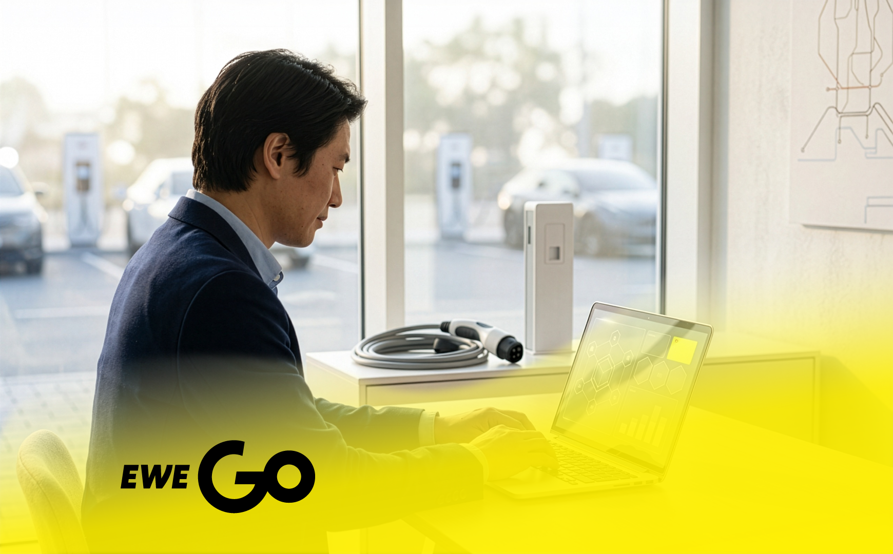 Person arbeitet am Laptop; im Hintergrund E-Ladesäulen. „EWE Go“-Logo unten links.