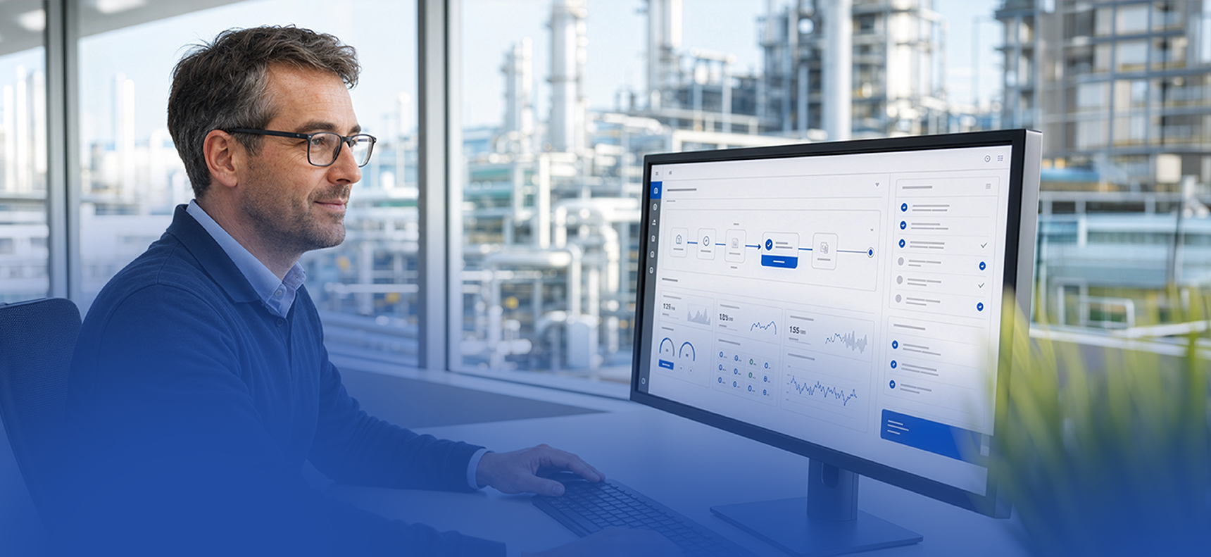 Mitarbeiter überwacht und steuert industrielle Prozesse über eine digitale Softwareoberfläche in einer Produktionsumgebung.
