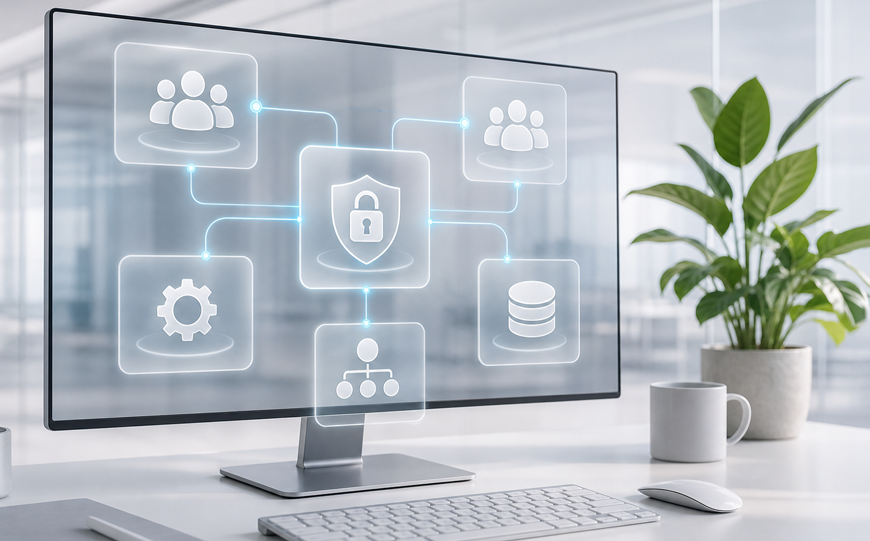 Produktdatenmanagement mit vernetzten Rollen, Systemen und Daten. – KI-generiertes Bild