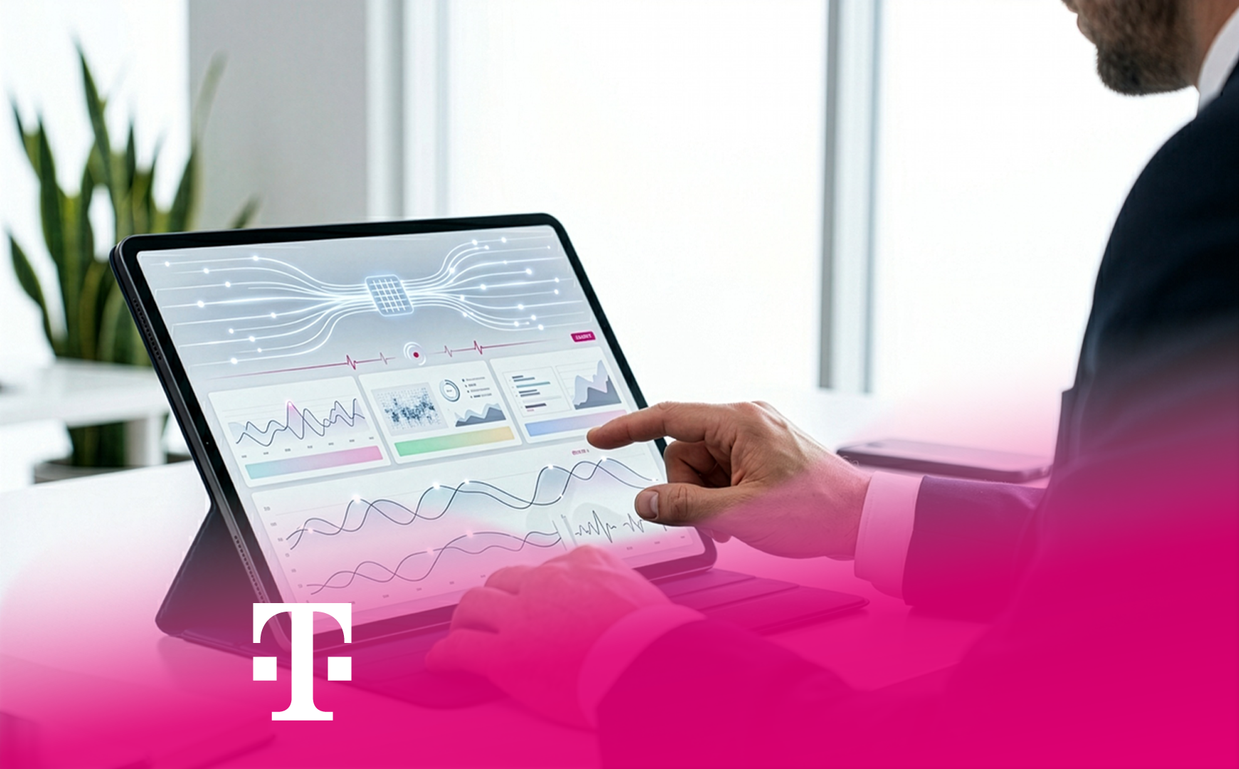 Person interacts with a data analytics dashboard on a tablet in an office. Telekom logo at the bottom.