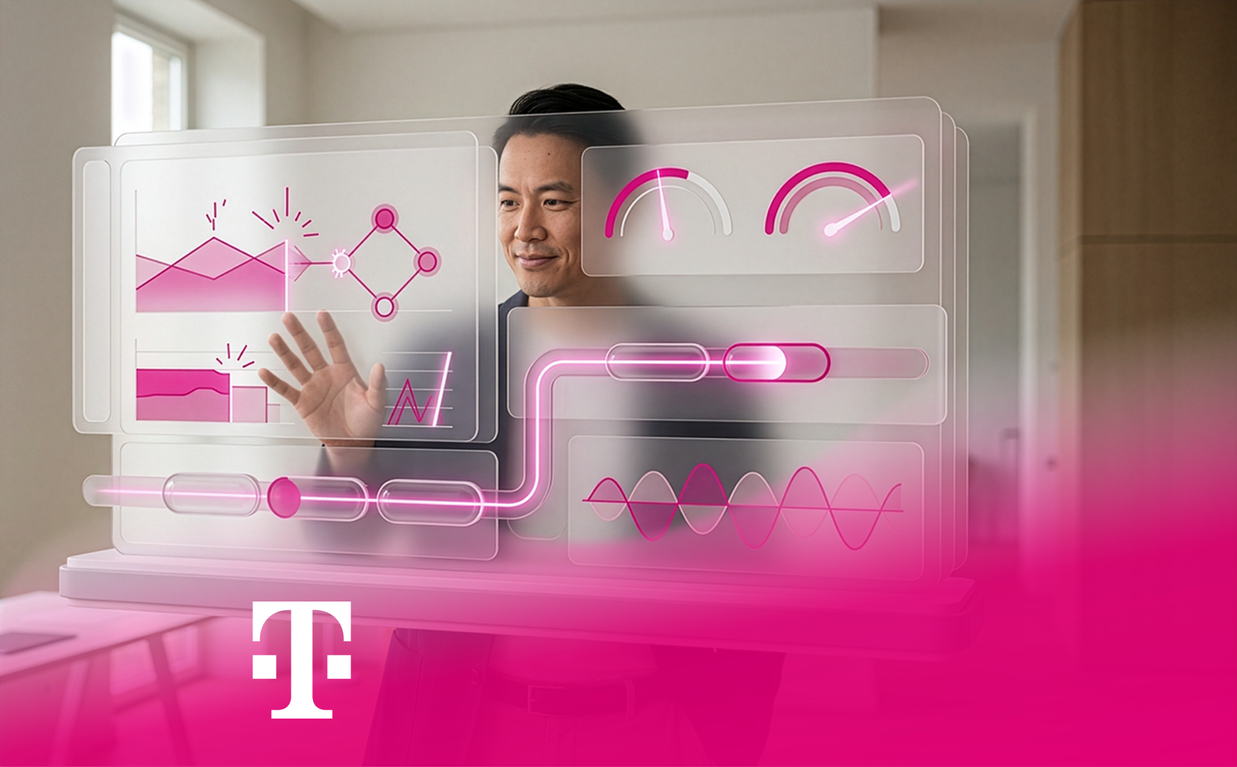 Person interagiert mit virtueller Daten- und Analyseoberfläche im Büro. Telekom-Logo unten.
