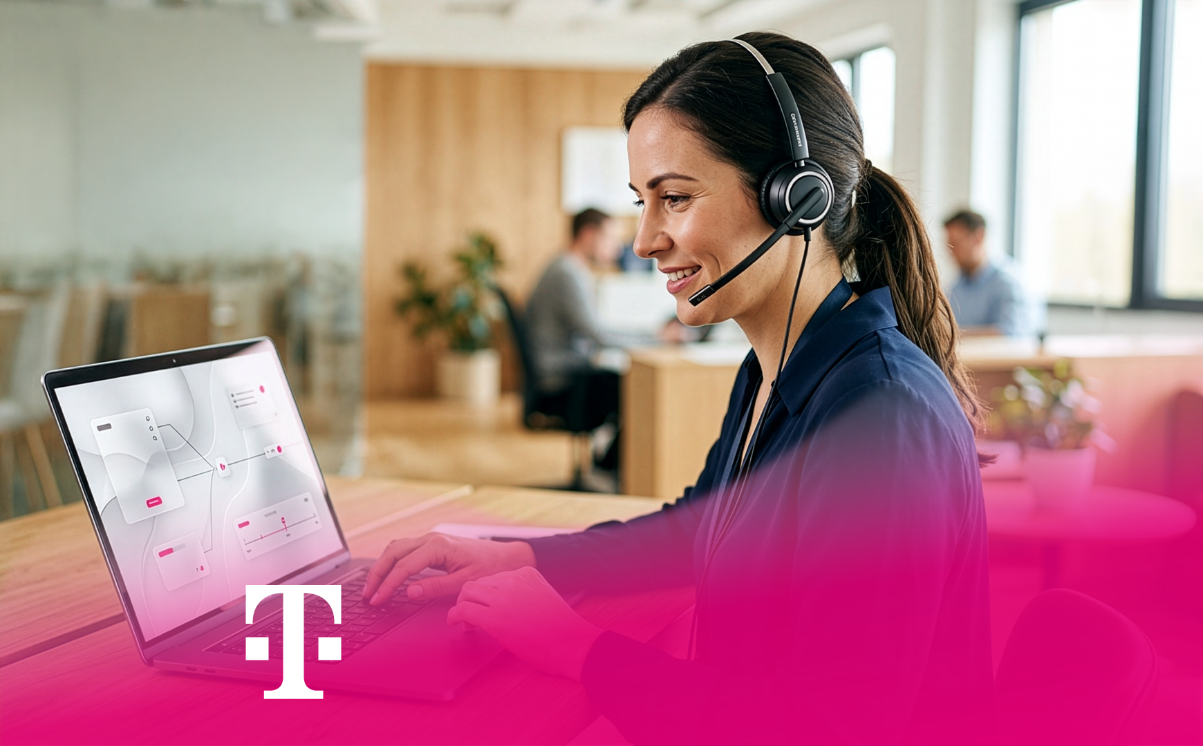 Woman with headset works on a laptop with a service interface in an office. Telekom logo at the bottom.