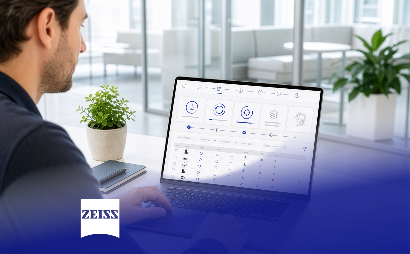 ZEISS update management dashboard on a laptop in an office. – AI-generated image