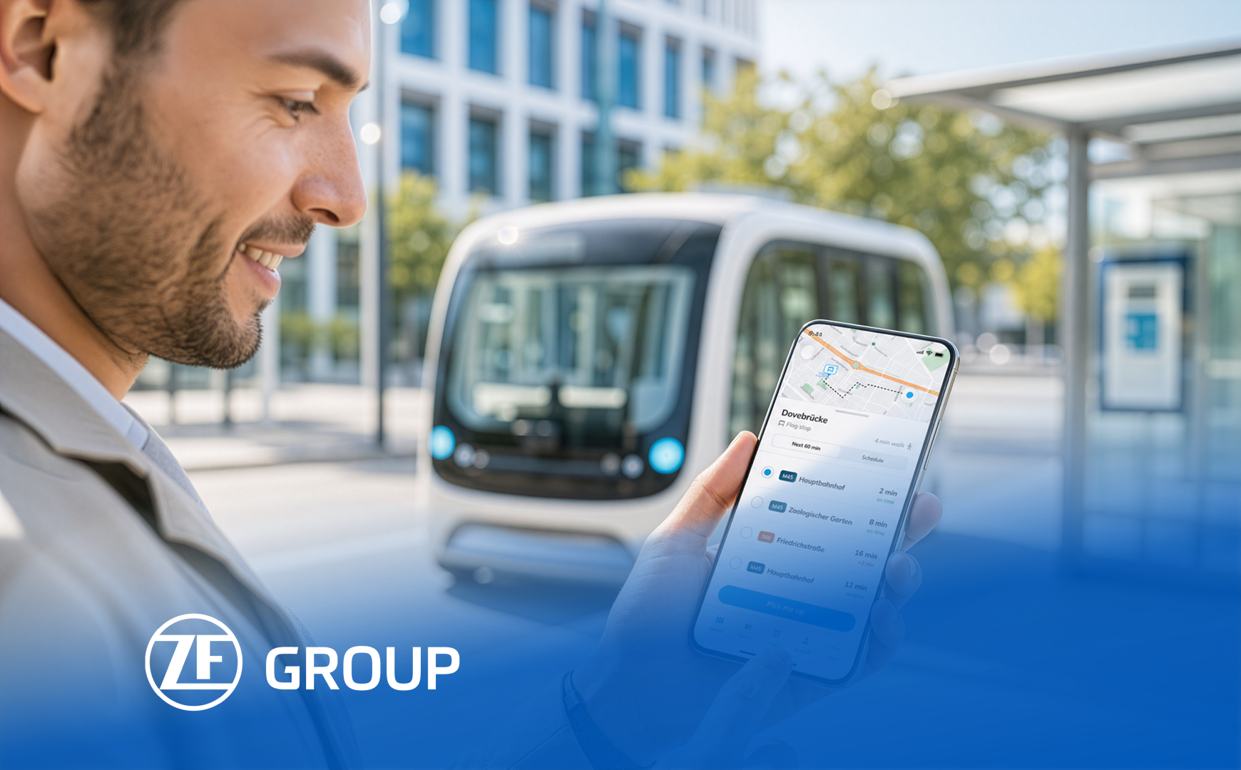 ZF mobility app for route planning with an autonomous shuttle.