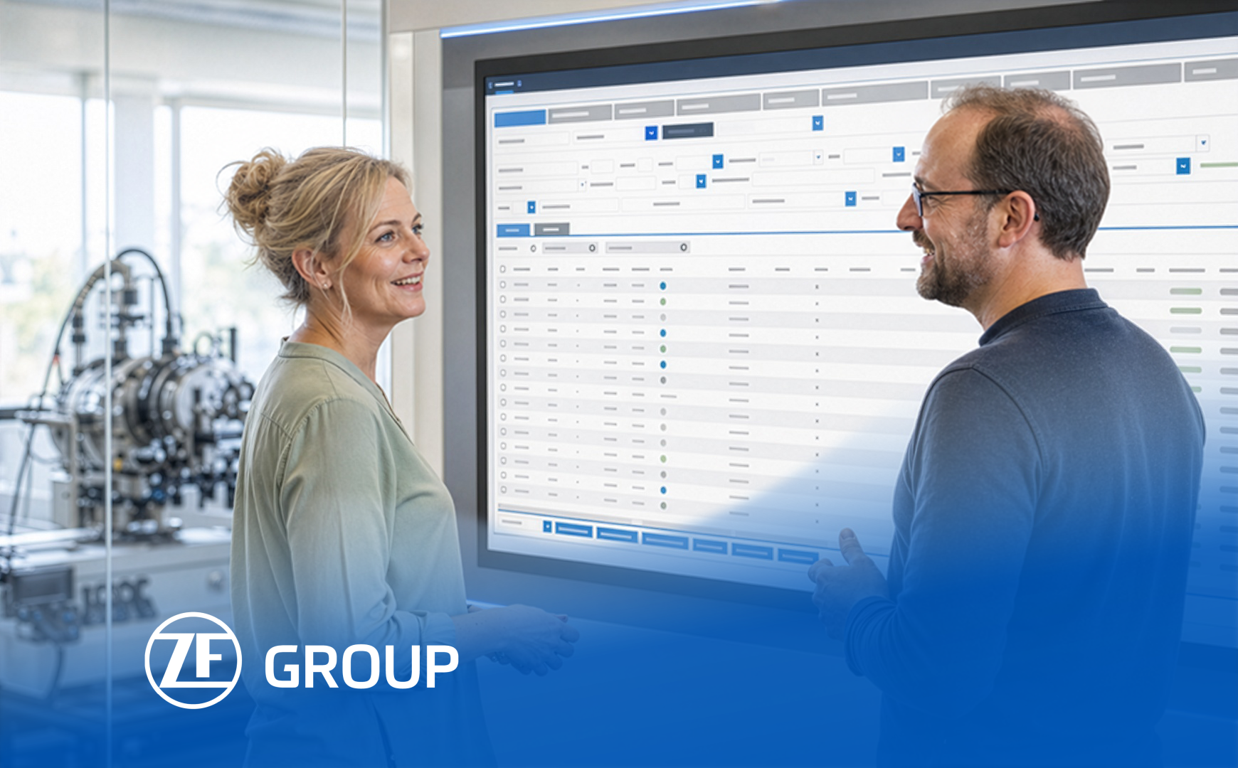 Two people discuss a digital test bench management system in a bright lab environment.