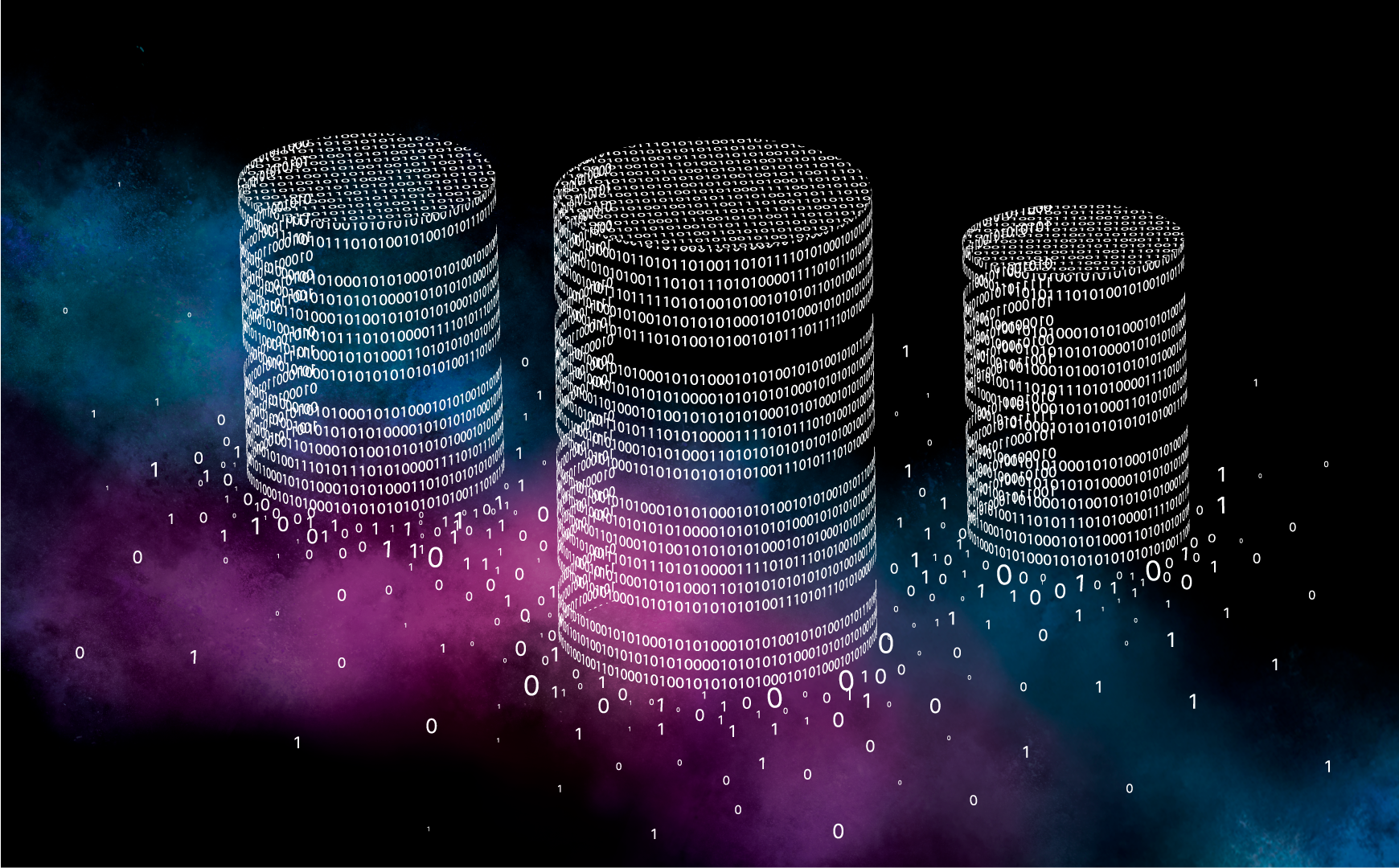 Datenbanken bestehend aus 0 und 1, schwebend im Universum