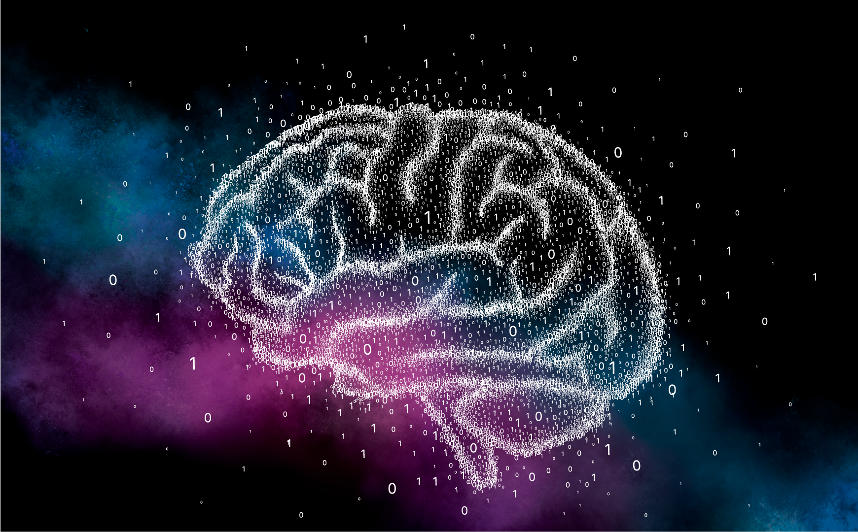 Brain consisting of 0 and 1, floating in the universe