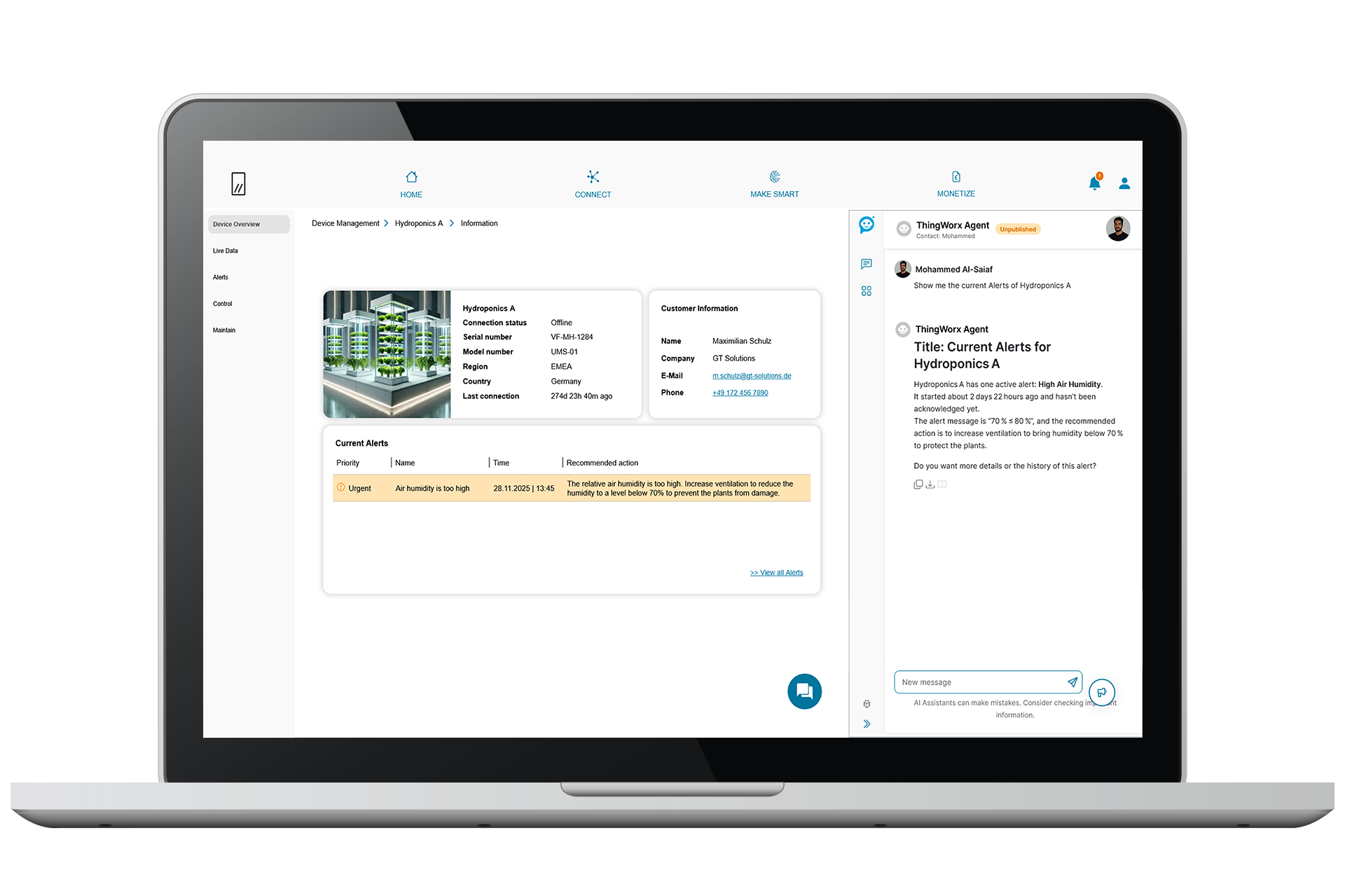 Laptop mit einer Weboberfläche zur Überwachung eines Hydroponik-Systems. Im Fokus steht eine aktuelle Warnmeldung wegen zu hoher Luftfeuchtigkeit. Rechts ist ein Chat mit einem digitalen Assistenten zu sehen, der die aktuellen Alarme zusammenfasst und Handlungsempfehlungen gibt.
