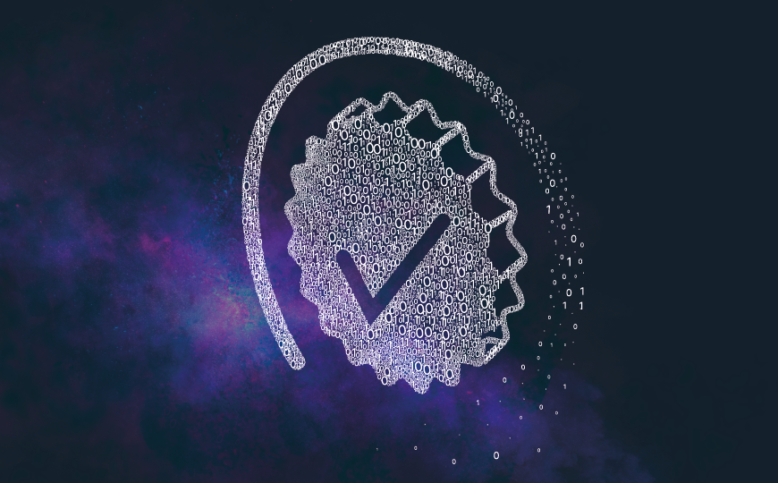Keyvisual Qualitätssicherung Zahnrad mit Haken darauf bestehend aus 0 und 1, im Universum schwebend
