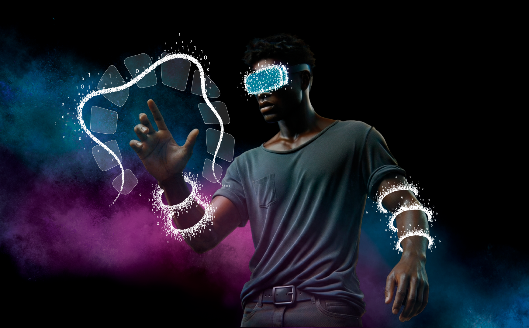 Person, die ein virtuelles User Interface bedient und von 0 und 1 umgeben ist.