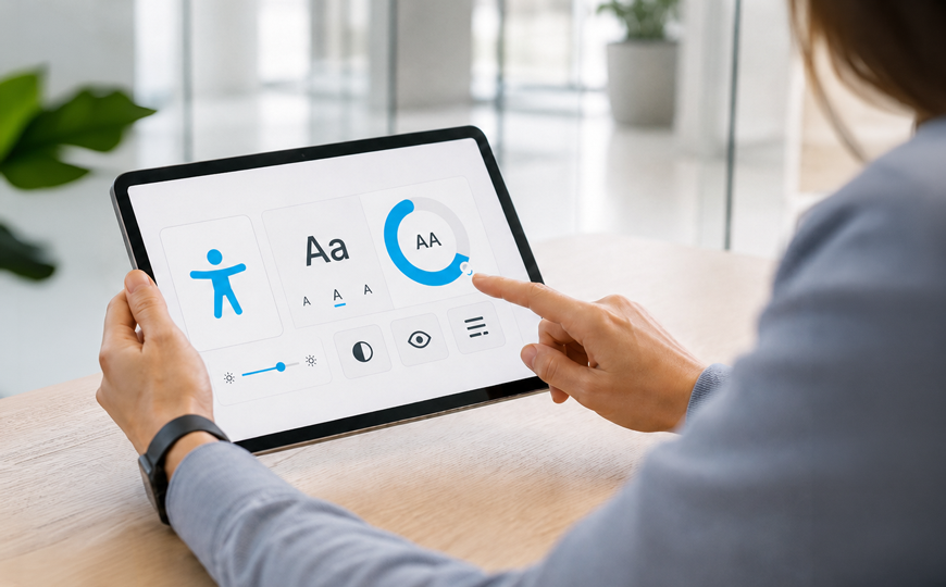 Tablet mit Symbolen für Barrierefreiheit – KI-generiertes Bild