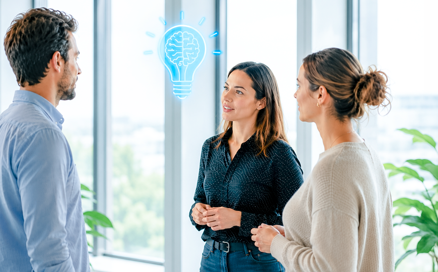 Three people in conversation with a glowing knowledge symbol in a modern office.