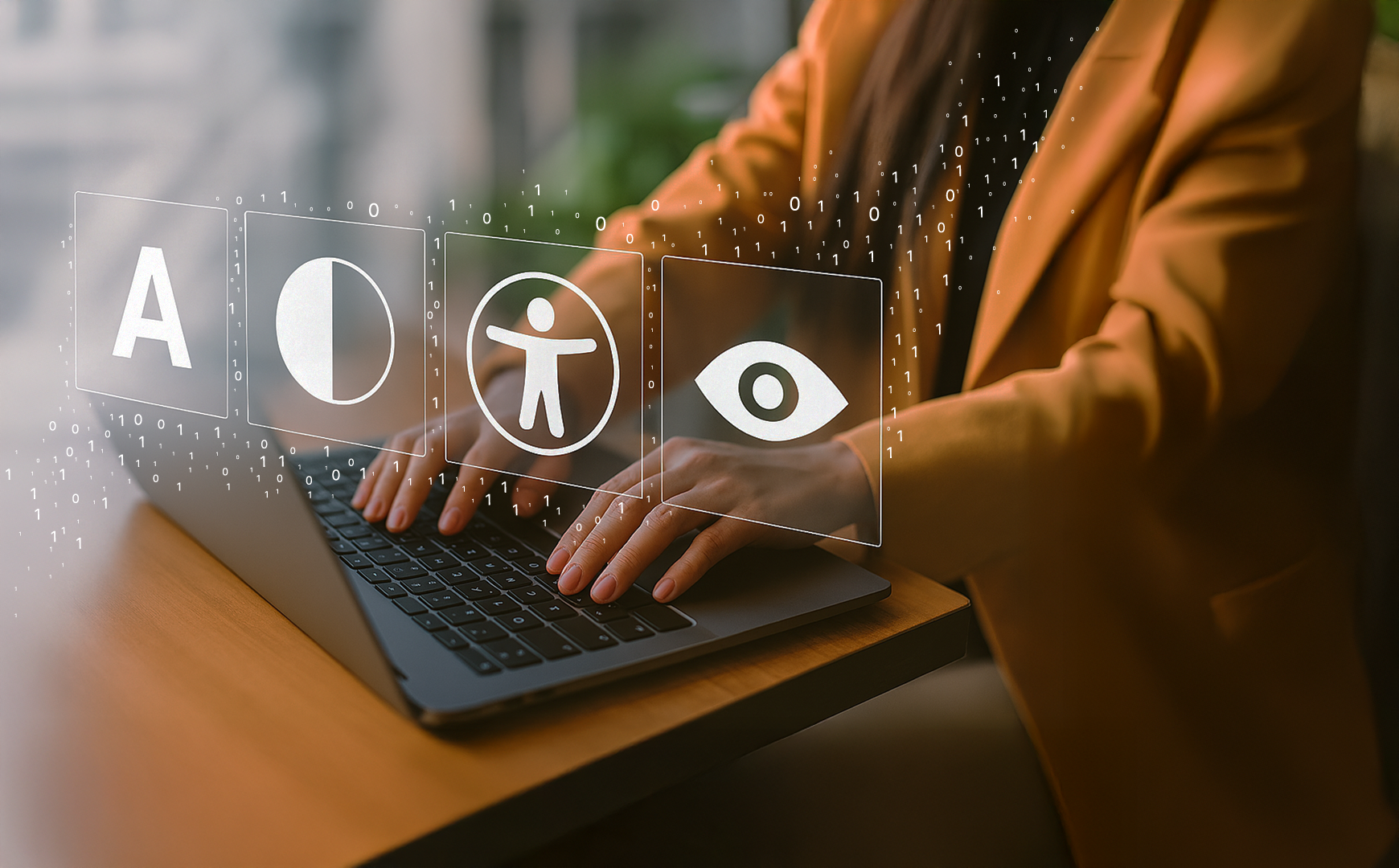 Person arbeitet an einem Laptop mit Symbolen für Barrierefreiheit