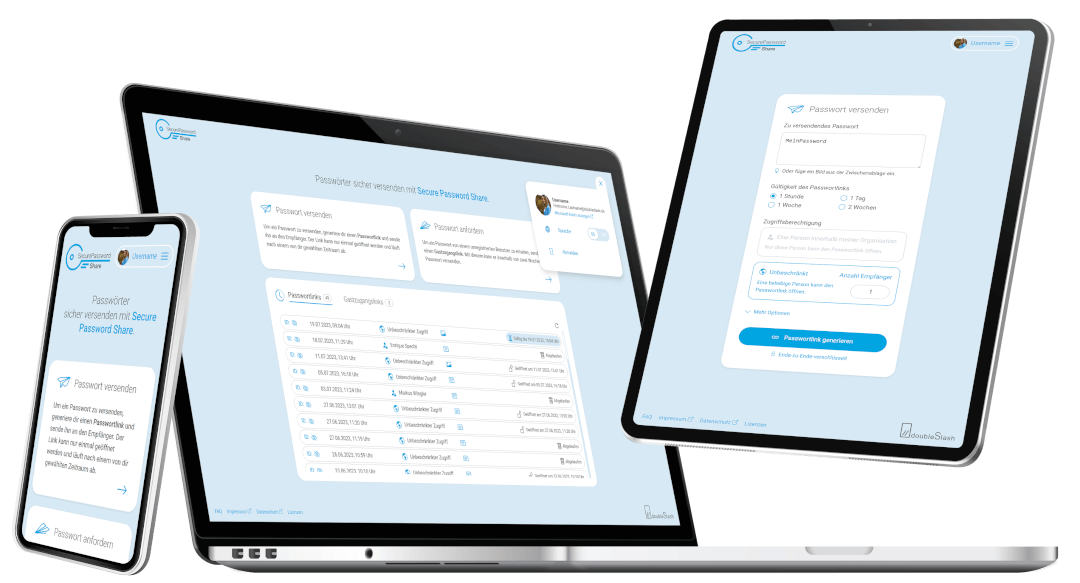 Secure Password Share Devices Smartphone Tablet und Laptop mit Secure Password Share auf dem Screen
